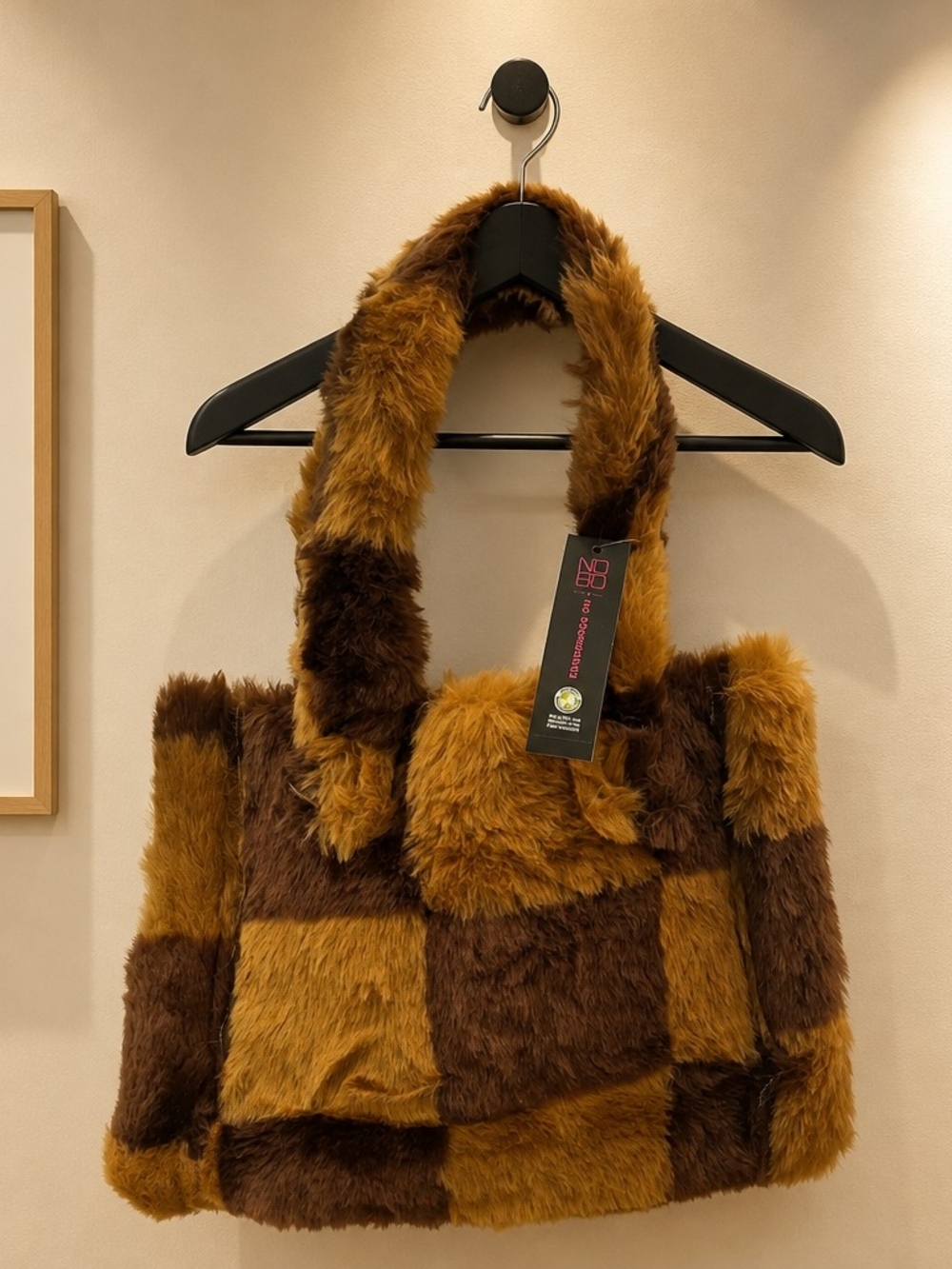 Faux Fur Patchwork Tote Bag in Brown & Mustard